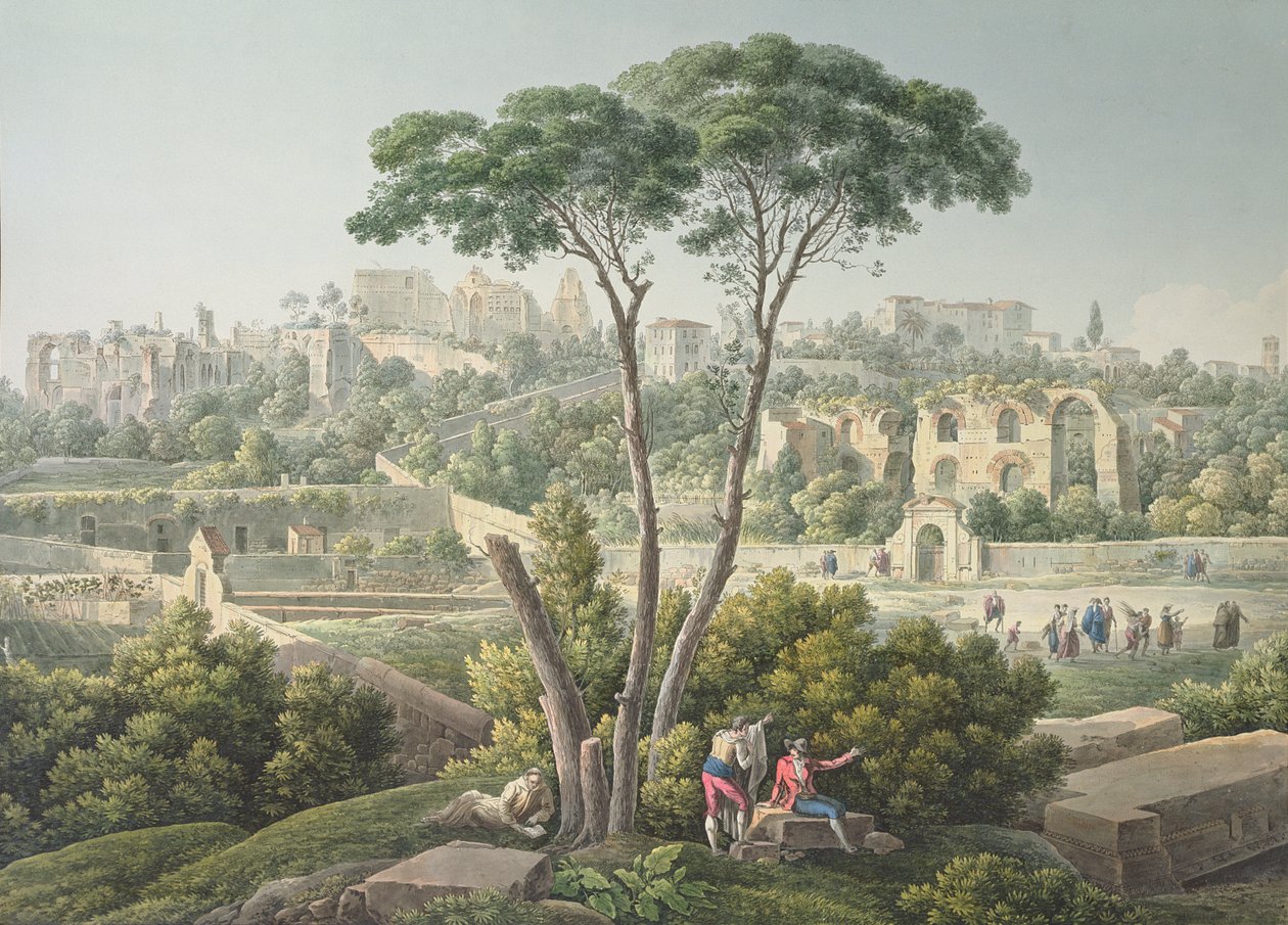 रोम में पैलेटिन हिल का दृश्य, पृष्ठभूमि में Cesars के महल के खंडहर के साथ, c.1800 द्वारा लुई फ़्राँस्वा कसासी