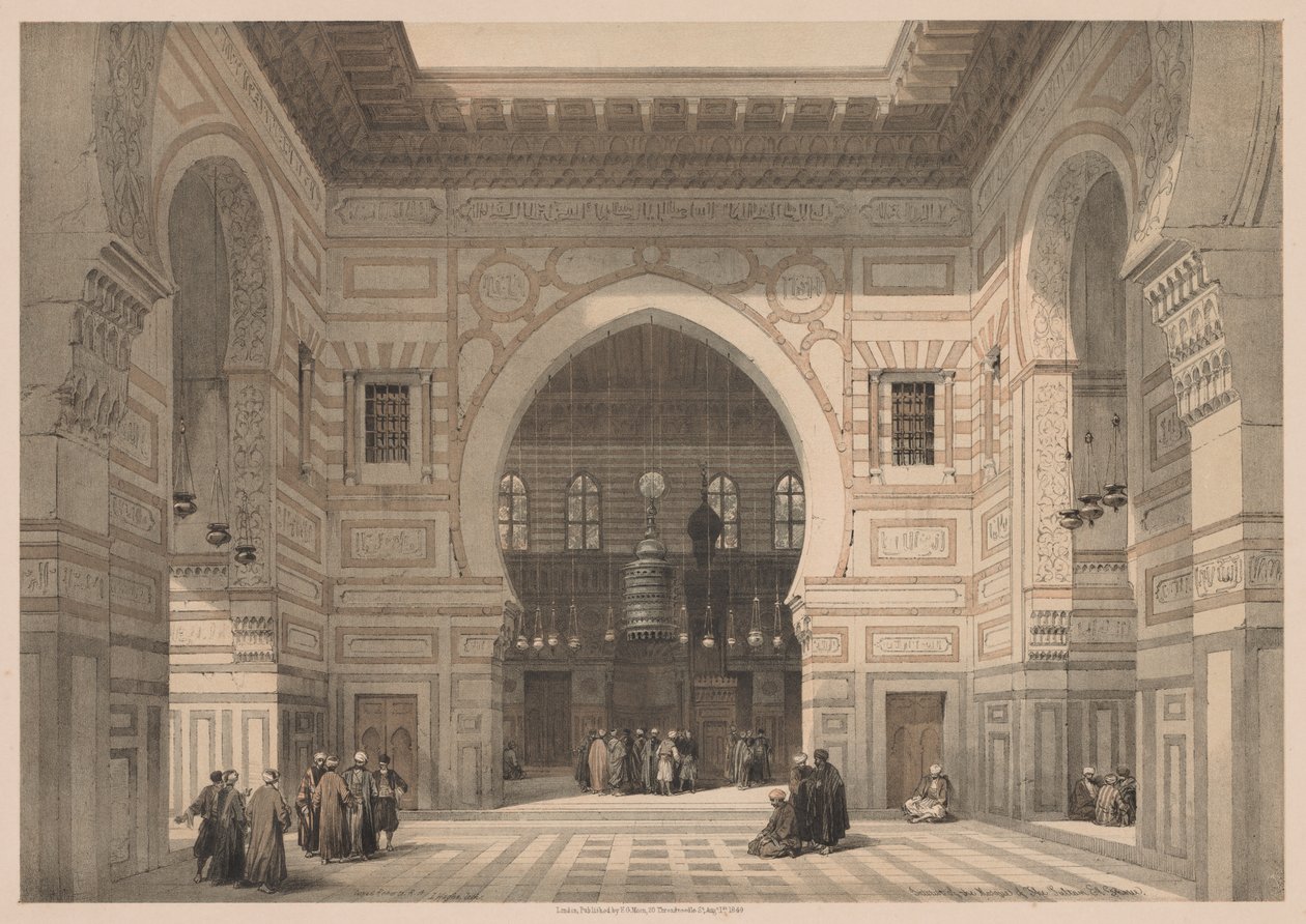 मिस्र और नूबिया: खंड III - नंबर 36, सुल्तान एल घोरे की मस्जिद का आंतरिक भाग, 1838। द्वारा लुई हागे