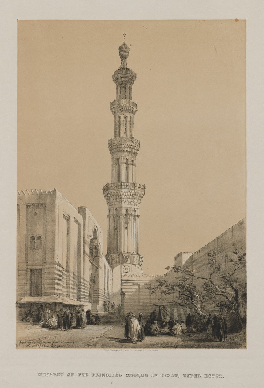 मिस्र और नूबिया, खंड III: प्रिंसिपल मस्जिद सियोट की मीनार, ऊपरी मिस्र, 1849। द्वारा लुई हागे