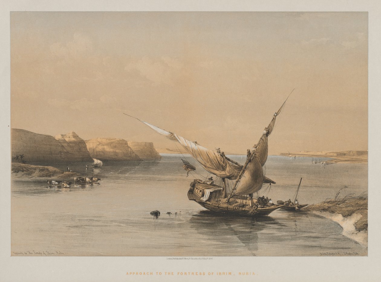 मिस्र और नूबिया, खंड II: आइब्रिम के किले के लिए दृष्टिकोण, नूबिया, 1847। द्वारा लुई हागे