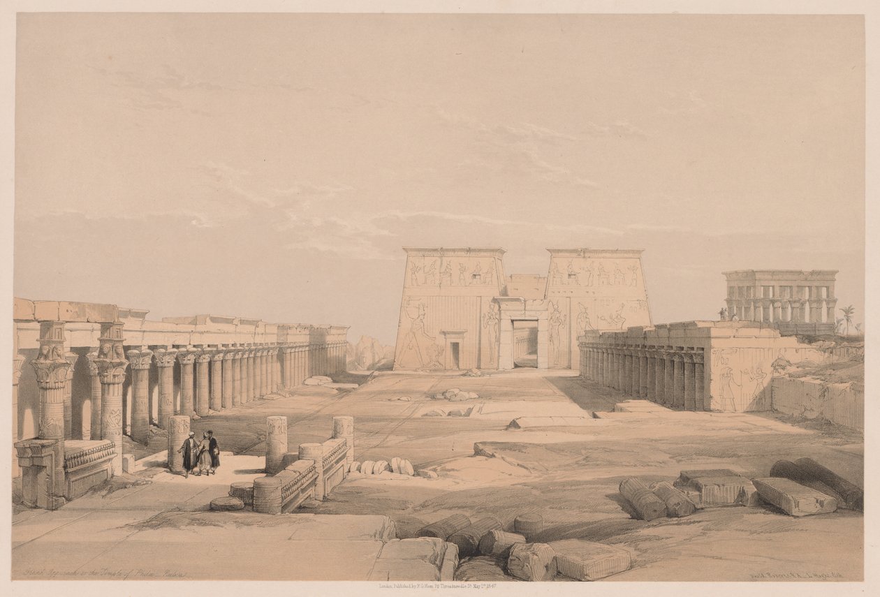 मिस्र और नूबिया: खंड I - संख्या 42, फिलैई, नूबिया, 1838 के मंदिर के लिए भव्य दृष्टिकोण। द्वारा लुई हागे