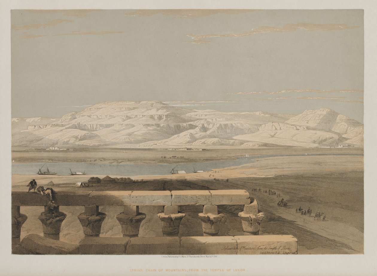 मिस्र और नूबिया, वॉल्यूम I: 1847 के लक्सर के मंदिर से लीबियाई श्रृंखला के पर्वत। द्वारा लुई हागे