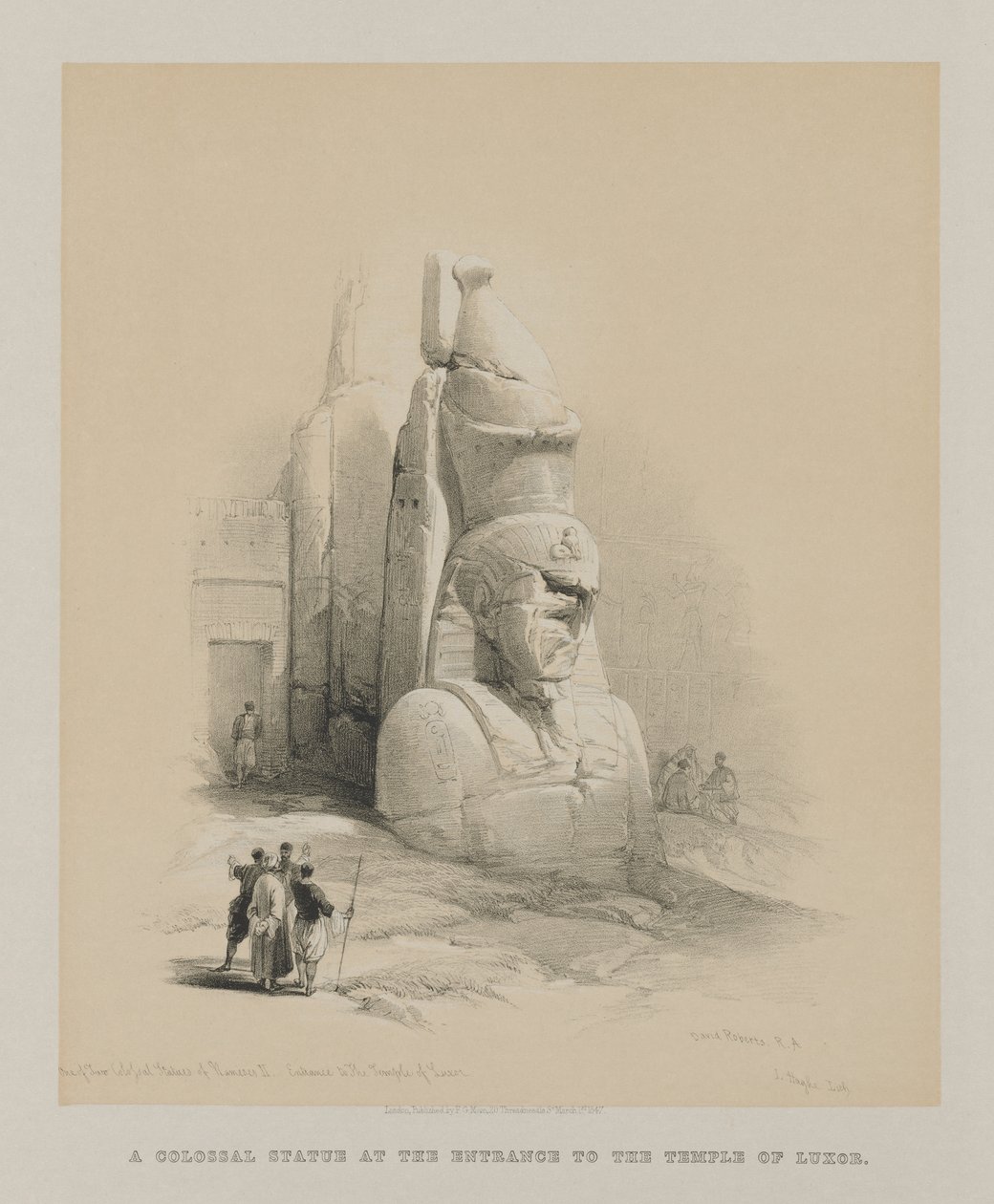 मिस्र और नूबिया, वॉल्यूम I: रमेस II की दो विशाल मूर्तियों में से एक ..., 1847। द्वारा लुई हागे