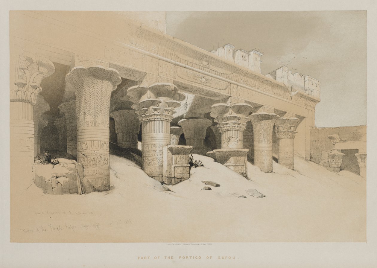 मिस्र और नूबिया वॉल्यूम I: पोर्टिको ऑफ द टेम्पल एडफौ, ऊपरी मिस्र, 1846। द्वारा लुई हागे