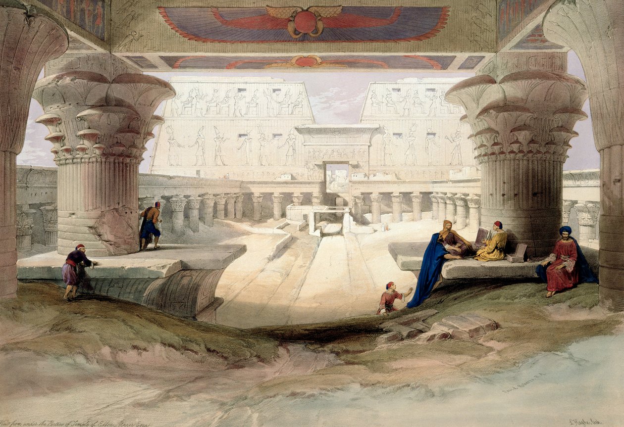 एडफौ, ऊपरी मिस्र के मंदिर के पोर्टिको के नीचे से देखें, 1846 द्वारा लुई हागे