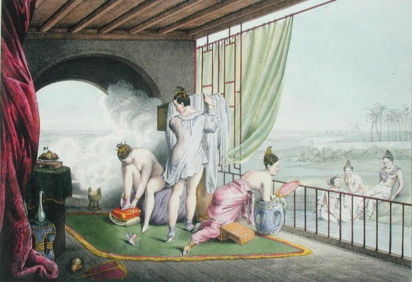 उनके शौचालय में स्नान करने वाले, 1824-27 प्रकाशित (कलर लिथो) द्वारा लुई जैक्स निकोलस शाल