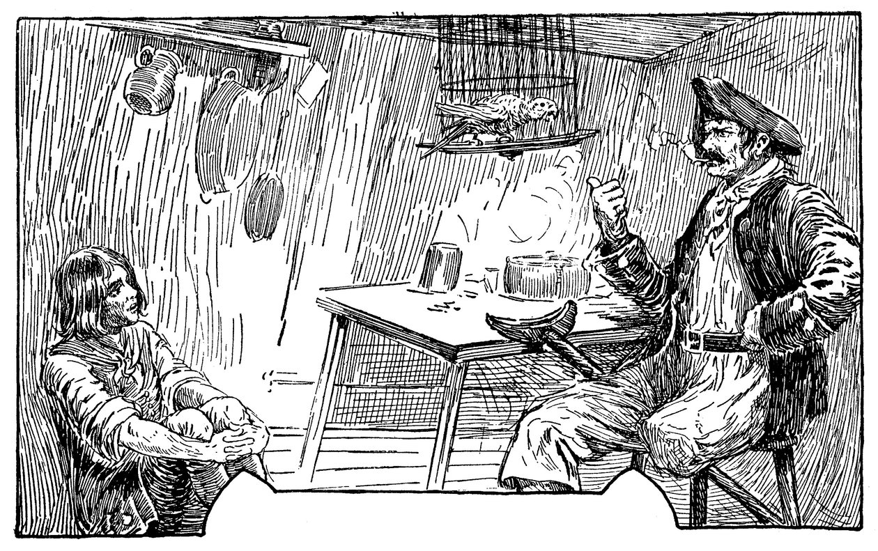 रॉबर्ट लुई स्टीवेन्सन (1850-1894) 1915 के उपन्यास "ट्रेजर आइलैंड" के लिए लुई रहेड (1857-1926) द्वारा चित्रण द्वारा लुइस जॉन सिर