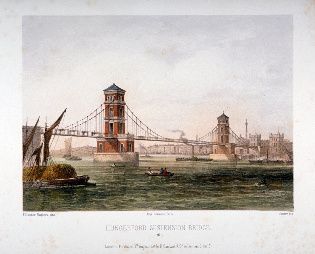 पूर्व, लंदन, 1854 से हंगरफोर्ड ब्रिज का दृश्य। द्वारा लुई जूलियन जैकट