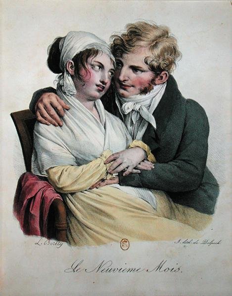 गर्भावस्था का नौवां महीना, c.1825 (कलर लिथो) द्वारा लुई लियोपोल्ड बोइली
