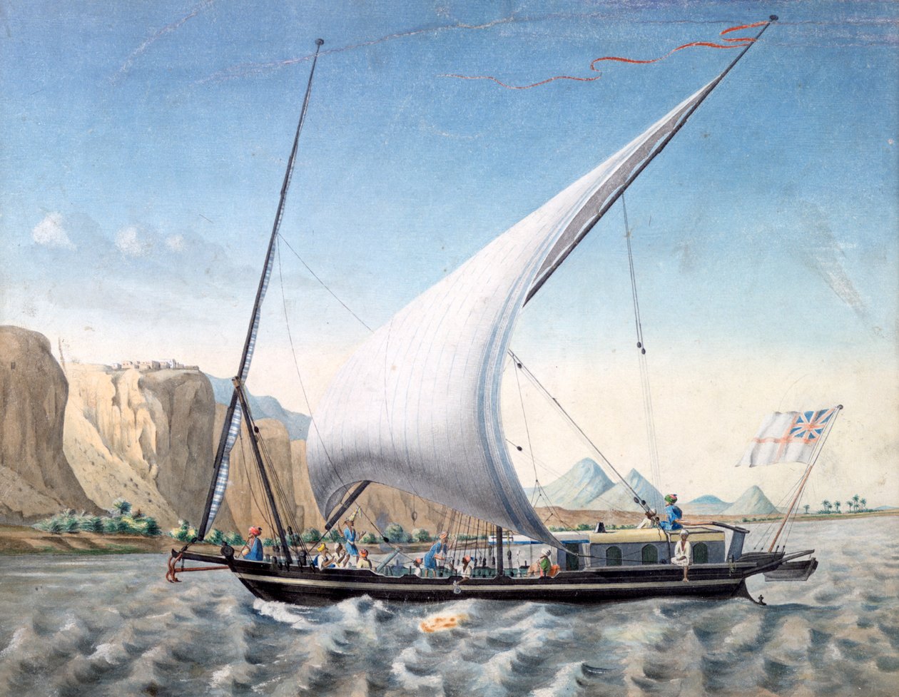 'ए बोट ऑन द नाइल, इब्रिम, नूबिया', 1827-1829 द्वारा लुई एमए लिनेंट डी बेलेफॉन्ड्स,