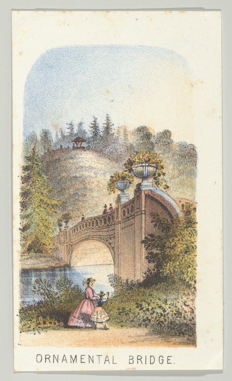 सजावटी पुल, श्रृंखला से, सेंट्रल पार्क में दृश्य, न्यूयॉर्क, भाग 2, 1864। द्वारा लुइस प्रांग