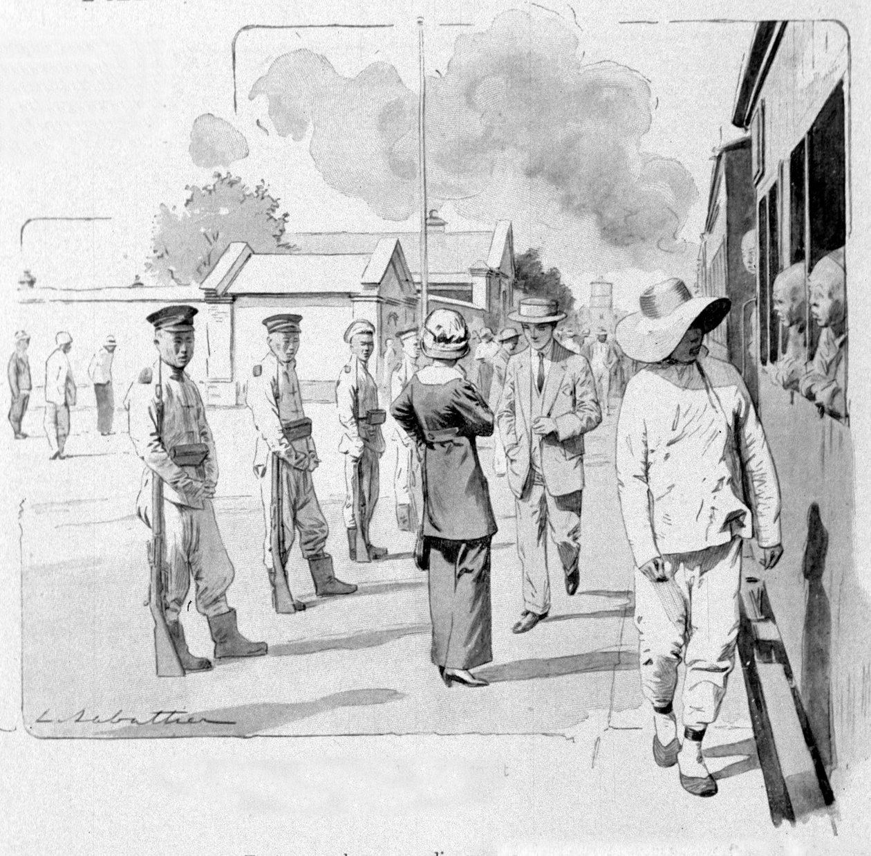 ट्रांससाइबेरियन पर एक स्टॉप पर एक चीनी कंडक्टर। 1913. सबटियर द्वारा चित्रण। द्वारा लुई रेमी सबेटियर