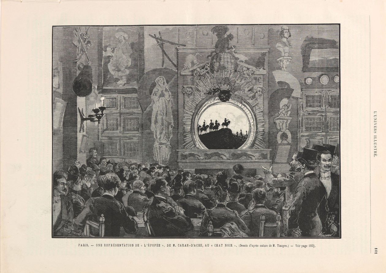 छाया थिएटर चैट नोयर, 1887 में एम. कैरन डी'एचे द्वारा एल'एपोपी। द्वारा लुइस तिनैरे