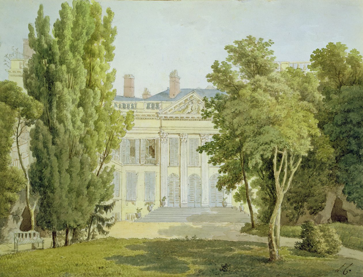 Maison de la Reine, पेरिस, 1811 का दृश्य (कागज पर काला चाक और डब्ल्यूसी द्वारा लुईस कोकेलेट