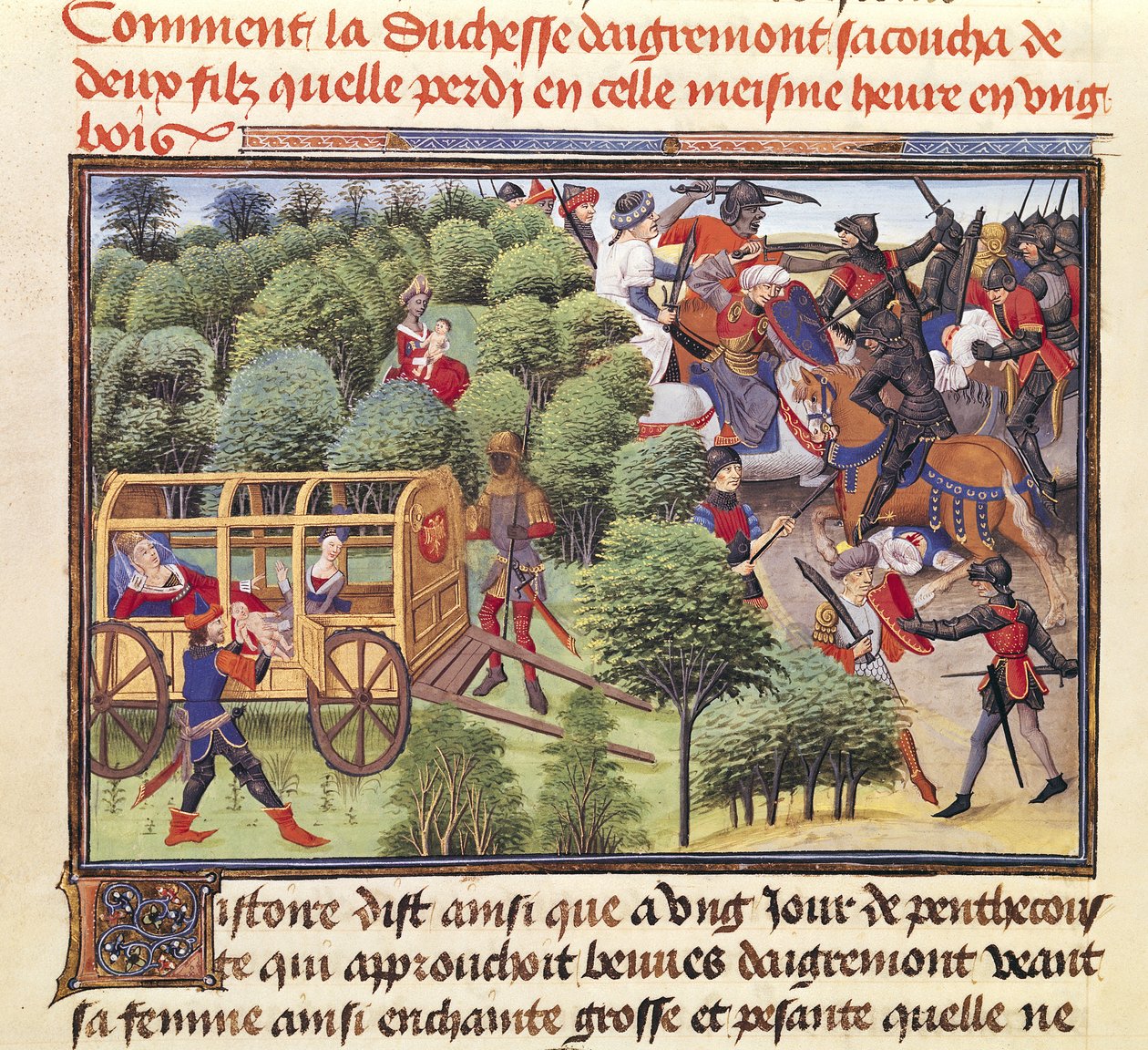 सुश्री 5072 f.6v Aigremont की डचेस ने दो बेटों को कैसे जन्म दिया और एक ही घंटे में उन्हें एक लकड़ी में खो दिया, रेनॉड डी मंटुबन चक्र से द्वारा Loyset Liedet