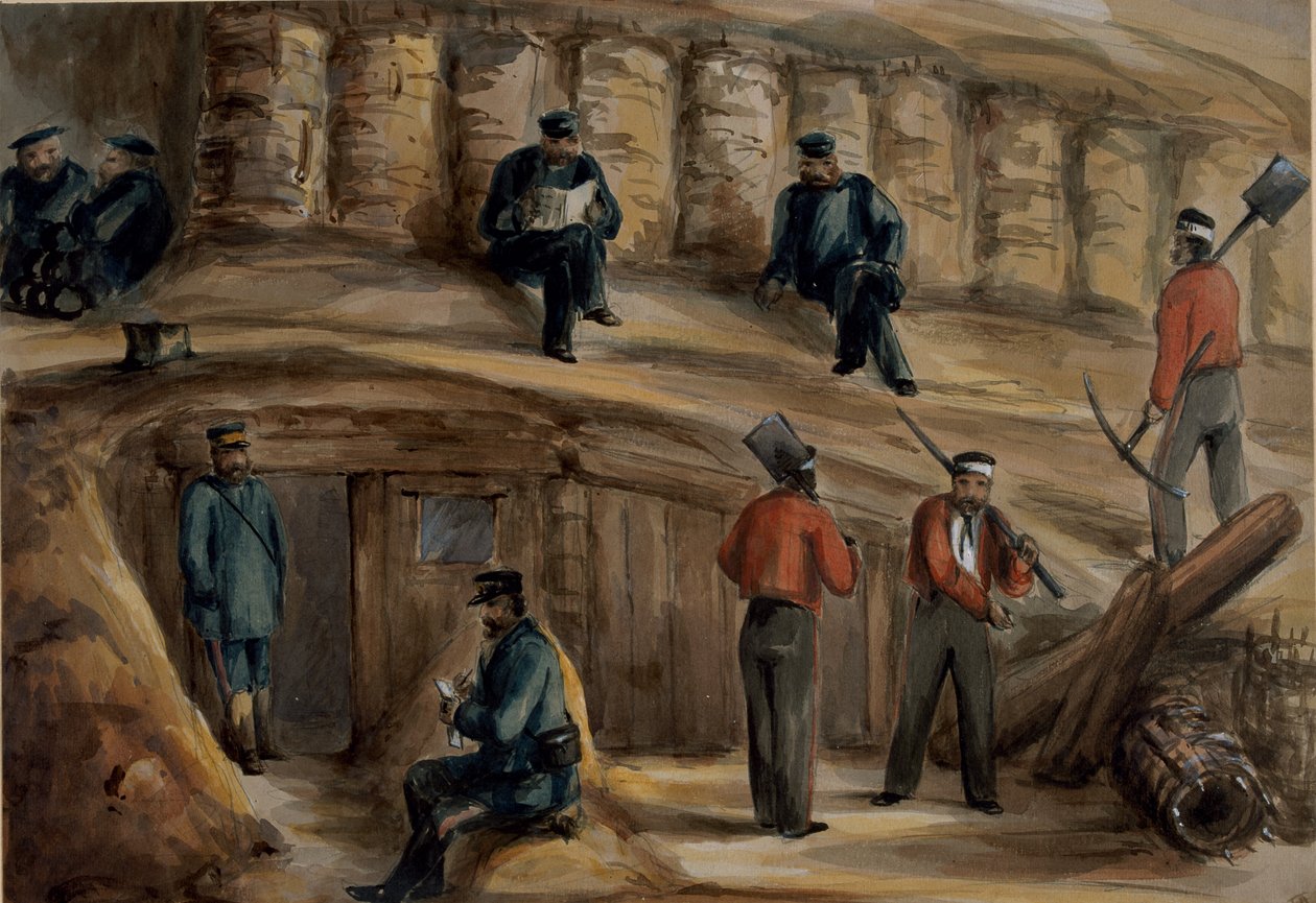 सेबेस्टोपोल की खाइयों में आराम करते आर्टिलरी के शाही रेजिमेंट के गनर, c.1855 द्वारा लेफ्टिनेंट हेनरी जेम्स एल्डर्सन