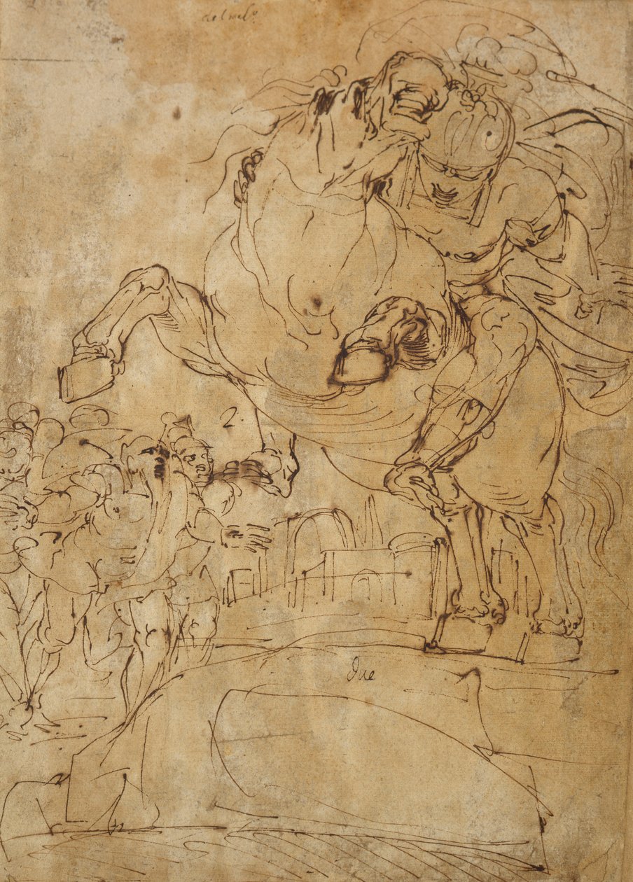 मार्कस कर्टियस रसातल में कूदता है, c.1574 (कागज पर कलम और भूरी स्याही) द्वारा लुका कैम्बियासो