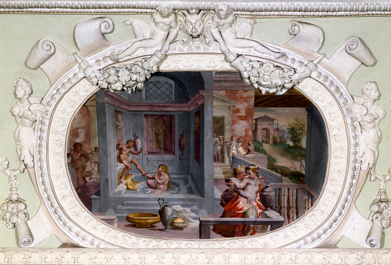 स्नान, प्रलोभन के दृश्य। लुका कंबियासो द्वारा फ्रेस्को (1527-1585) द्वारा लुका कैम्बियासो