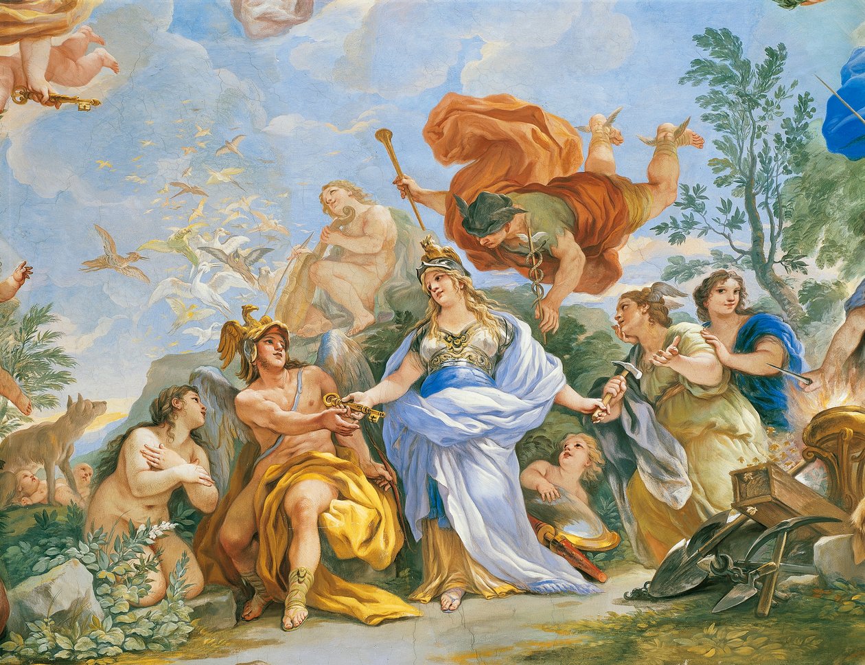 लुका जिओर्डानो (1634-1705) द्वारा मेडिसी परिवार के एपोथोसिस के साथ फ्रेस्को, विवरण द्वारा लुका जियोर्डानो