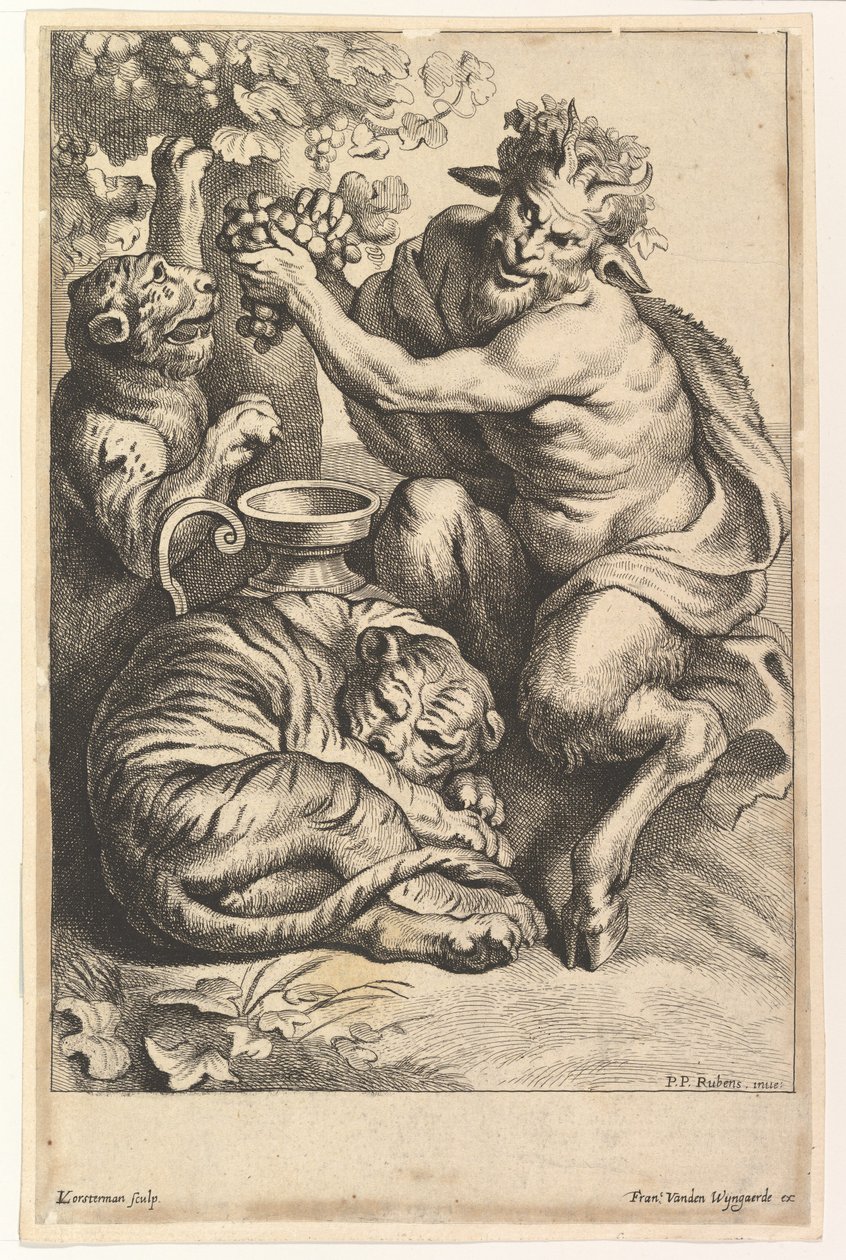 अंगूर और दो बाघों के साथ व्यंग्य, 1614-1679। द्वारा लुकास वोरस्टरमैन II
