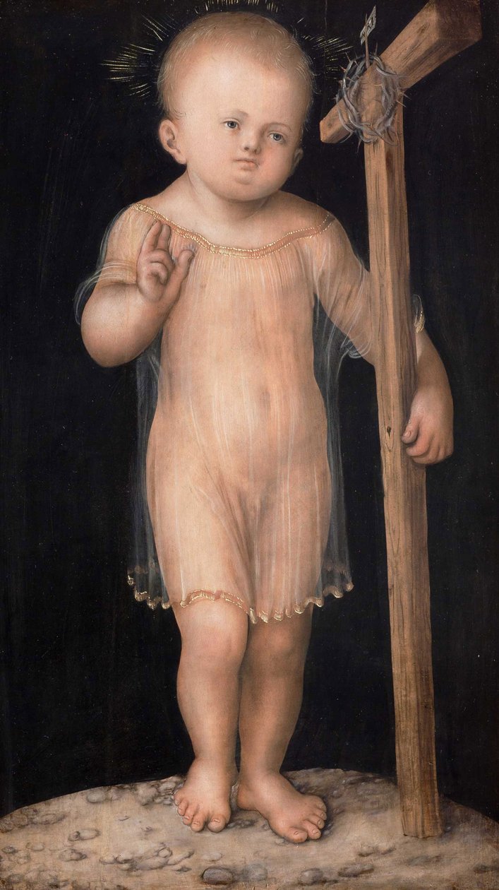 L'enfant यीशु बेनिसेंट - क्राइस्ट चाइल्ड ब्लेसिंग - लुकास क्रैनाच, द एल्डर (1472-1553)। लकड़ी पर तेल, सी. 1520. आयाम: 53,1x30,3 सेमी। नेशनल गैलरी, प्राग द्वारा लुकास द एल्डर क्रैनाच