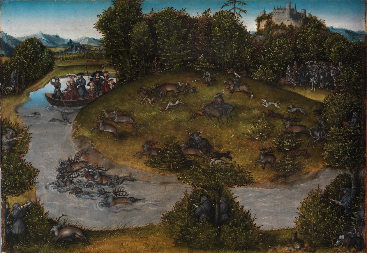 द स्टैग हंट ऑफ़ द इलेक्टर फ्रेडरिक द वाइज़, c.1530 (पैनल पर तेल) द्वारा लुकास द एल्डर क्रैनाच