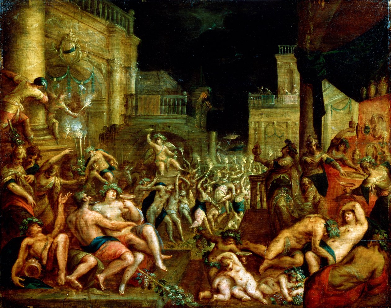 Bacchus और Silenus के सम्मान में मिडास दावत। c.16 वीं शताब्दी द्वारा लुकास वैन वाल्केनबोरच
