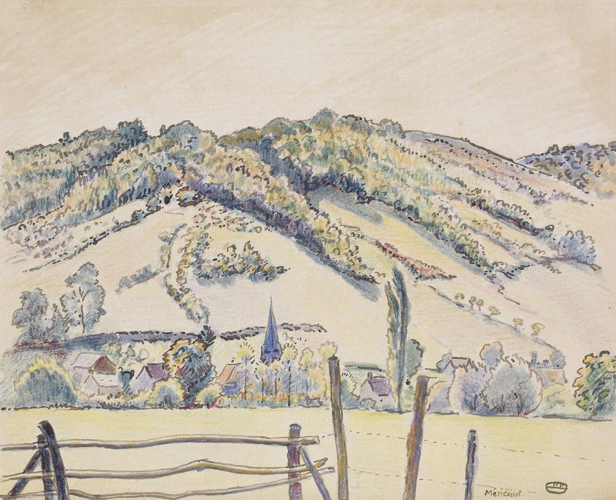 Méricourt, 1919 (श्वेत पत्र पर कलम और स्याही और रंगीन क्रेयॉन) द्वारा लुसिएन पिसारो