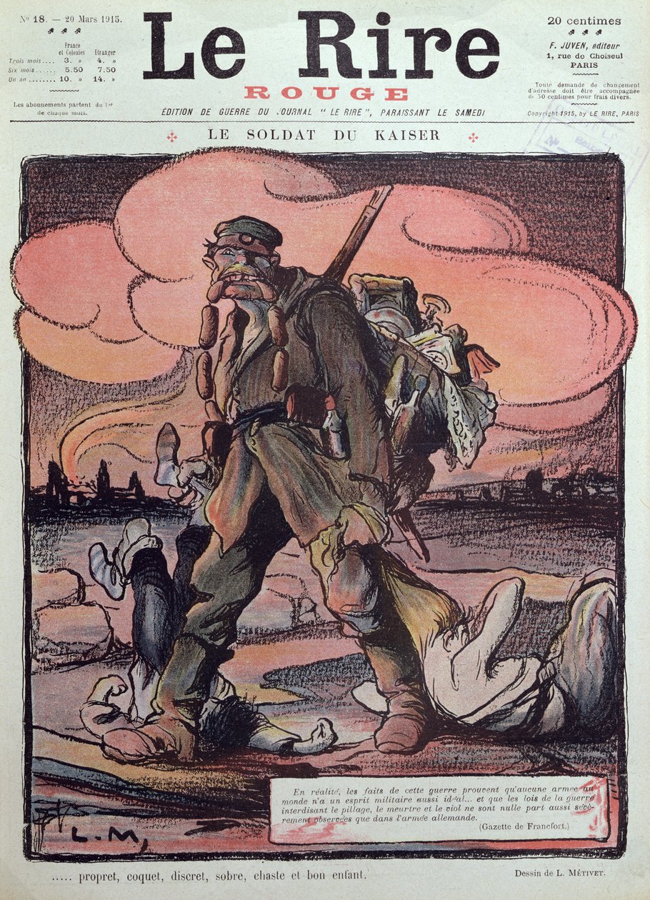 20 मार्च 1915 को &39;ले रेयर रूज&39; के फ्रंट कवर से एक जर्मन सैनिक की कैरिकेचर द्वारा लुसिएन मेटिवेट