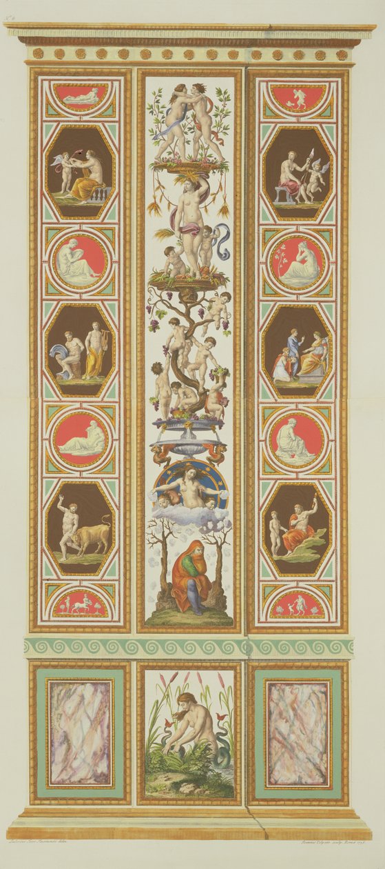 जियोनैनी वाल्टो (1735-1803), 1775 द्वारा उत्कीर्ण &39;वेटिकन में राफेल द्वारा डेल्ले लोगी, वेटिकन में राफेल से पैनल, 1775 में प्रकाशित c.1777-77 (हाथ से रंगीन उत्कीर्णन) (17646 भी देखें) द्वारा लुडोविकस टेसियो टॉरिनेंसिस