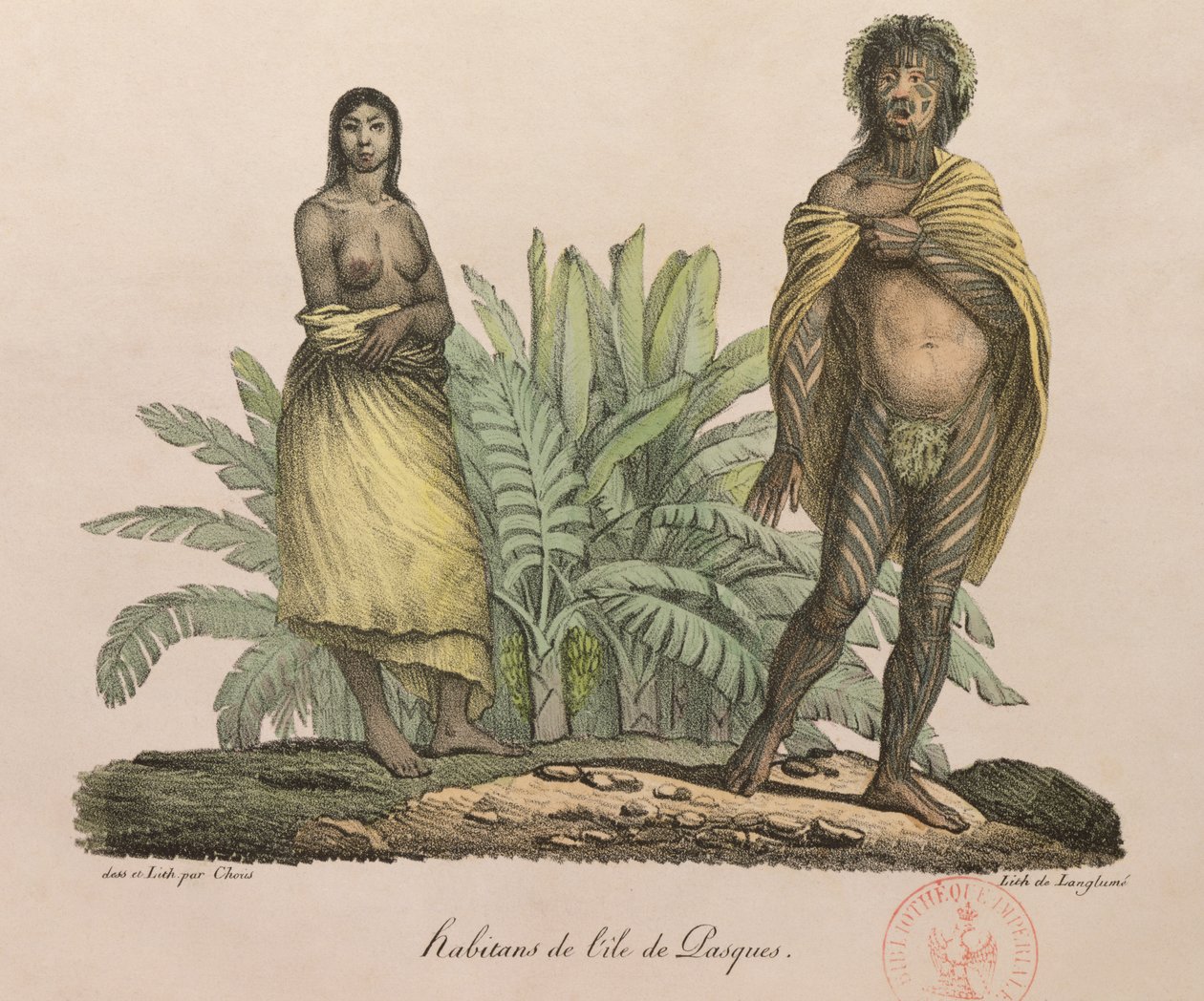 जी। लैंगलुम, 1822 द्वारा उत्कीर्ण &39;क्वेंट ट्रैवल अराउंड द वर्ल्ड&39; से ईस्टर आइलैंड के अभेद्य द्वारा लुडविग चोरिस