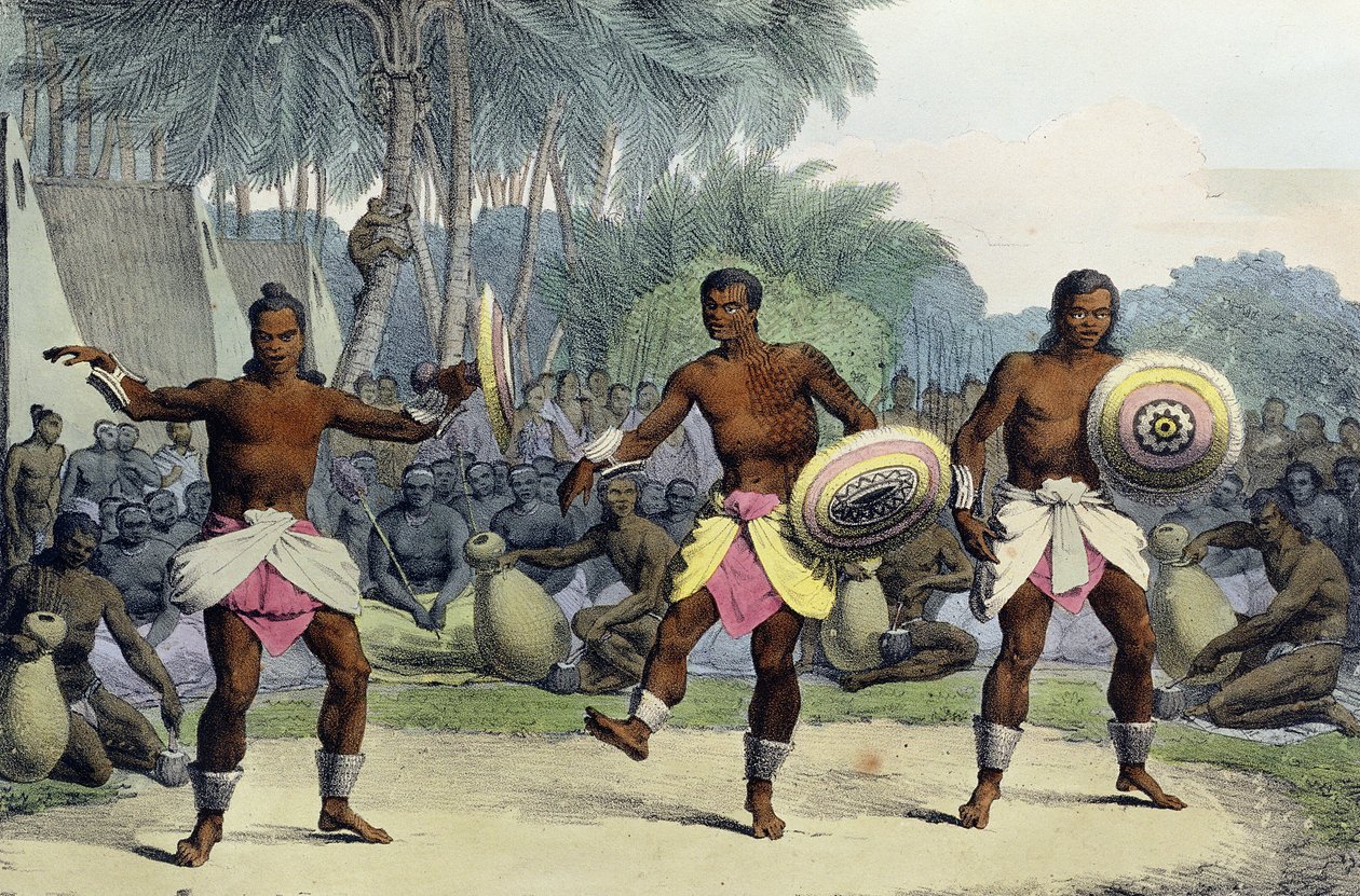जीन अगस्टिन फ्रेंकलिन (1798-1839) द्वारा उत्कीर्ण &39;क्वांट ट्रैवल अराउंड द वर्ल्ड&39; से सैंडविच आइलैंड्स नृत्य के मूल निवासी, 1822 प्रकाशित द्वारा लुडविग चोरिस