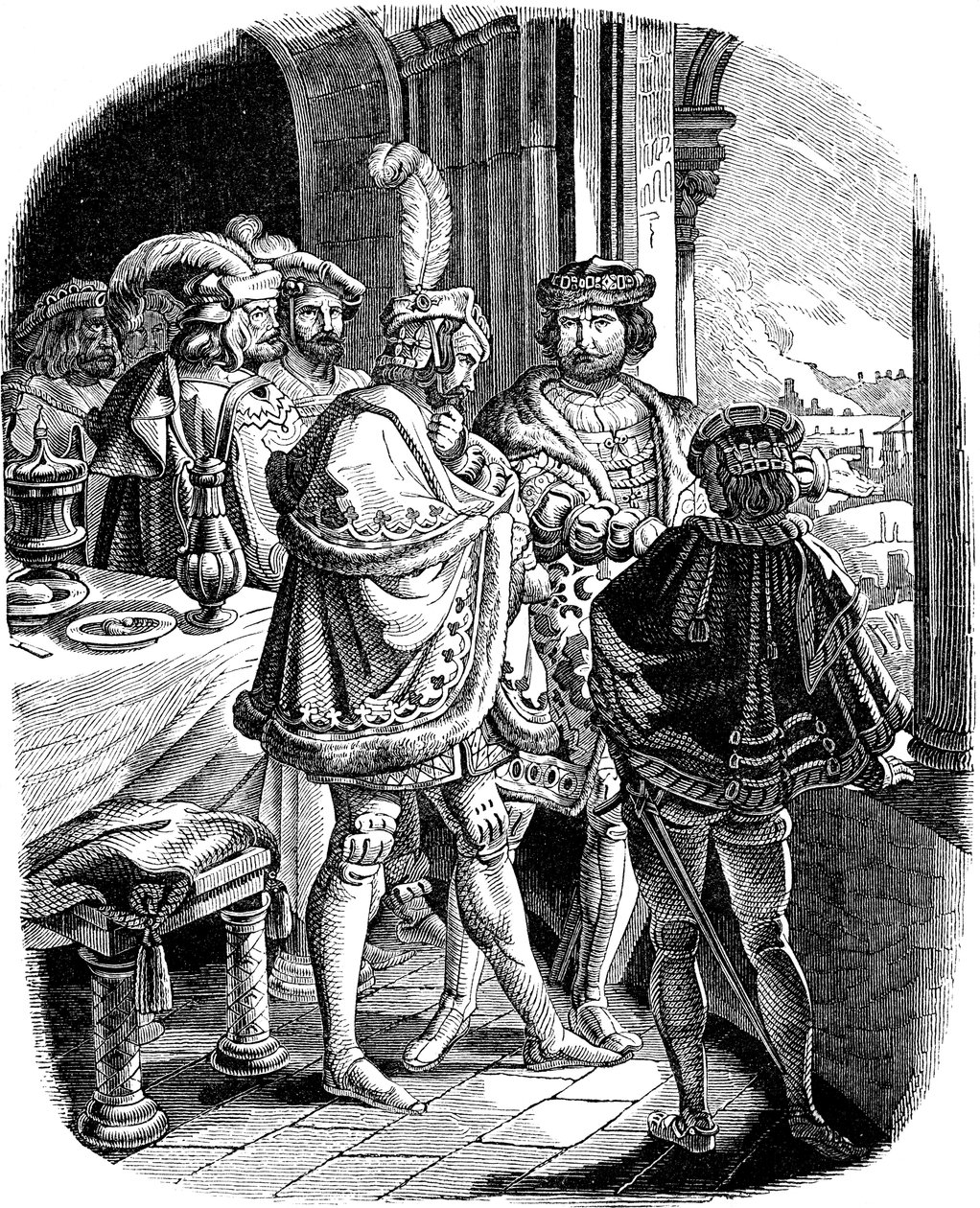 1840 में ई। डुलर द्वारा जर्मन लोगों के इतिहास से हीडलबर्ग कैसल 1462 चित्रण में फ्रेडरिक I भोजन द्वारा लुडविग एड्रियन रिक्टर