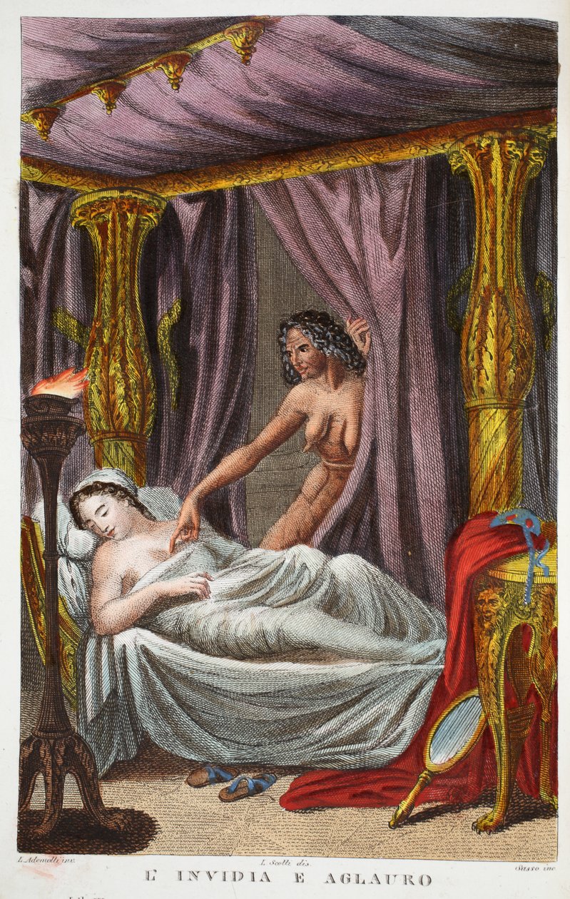 Aglauros और Envy या L&39;Invidia e Aglauro, Book II, Ovid&39;s Metamorphoses, Florence, 1832 (हाथ से सजी नक्काशी) द्वारा लुइगी एडेमोलो