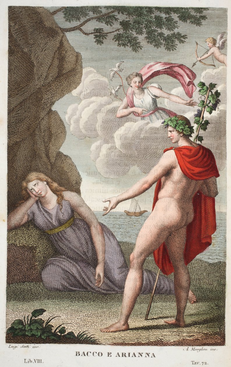 Bacchus and Ariadne या Bacco e Arianna, Book VIII, Ovid&39;s Metamorphoses, Florence, 1832 (हाथ से सजी नक्काशी) द्वारा लुइगी एडेमोलो