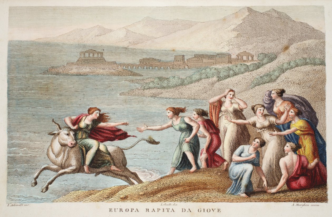 Europa या Europa Rapita da Giove, Ovid&39;s Metamorphoses का चित्रण, फ्लोरेंस, 1832 (हाथ से रंगा हुआ उत्कीर्णन) द्वारा लुइगी एडेमोलो