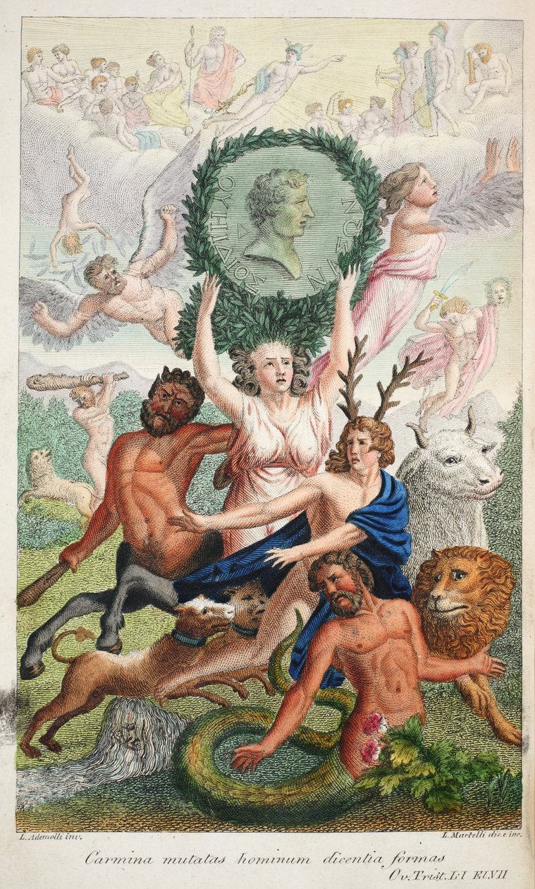 फ्रंटस्पिब्लिस, ओविद मेटामोर्फोसॉज, फ्लोरेंस, 1832 (हाथ से रंगा हुआ उत्कीर्णन) से चित्रण द्वारा लुइगी एडेमोलो