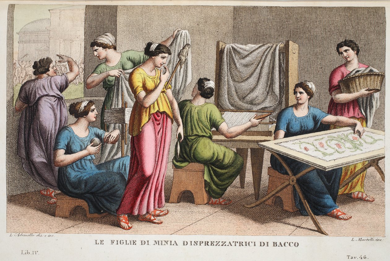 Minyades या Figlie di Minia Disprezzatrici di Bacco, Book IV, Ovid&39;s Metamorphoses, फ्लोरेंस, 1832 (हाथ से सजी उकेरना) से चित्रण द्वारा लुइगी एडेमोलो
