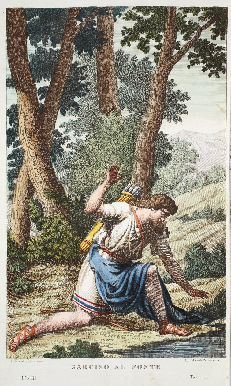 एक फूल या Narciso al Fonte, Book III में Narcissus, Ovid&39;s Metamorphoses, Florence, 1832 (हाथ से सजी नक्काशी) से चित्रण द्वारा लुइगी एडेमोलो