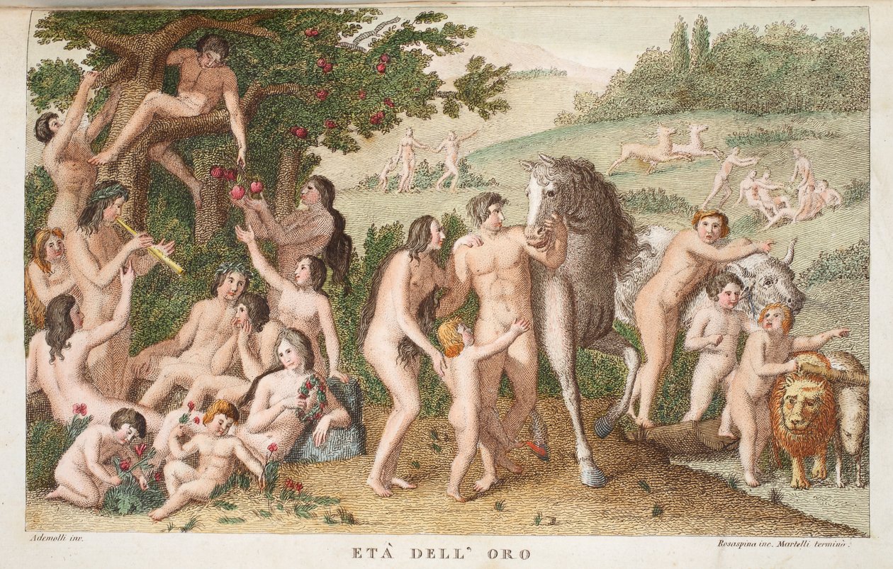 गोल्डन एज या एटा dell&39;Oro, Ovid&39;s Metamorphoses, फ्लोरेंस, 1832 (हाथ से रंग उत्कीर्णन) से चित्रण द्वारा लुइगी एडेमोलो
