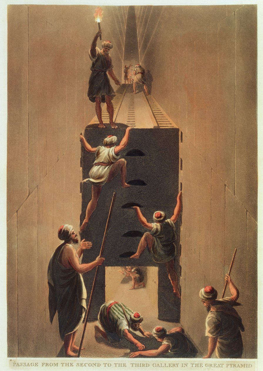 ग्रेट पिरामिड में दूसरी से तीसरी गैलरी तक का मार्ग, थॉमस मिल्टन (1743-1827) पब द्वारा उत्कीर्ण &39;मिस्र में दृश्य&39; से प्लेट 5। रॉबर्ट बाउयर (1758-1834) 1802 (एक्वाटिंट) द्वारा लुइगी मेयर