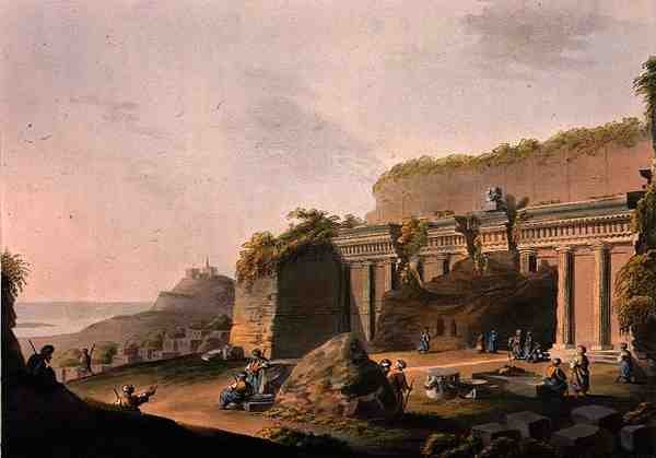 रॉबर्ट बॉयर (1758-1834) 1803 (रंगीन एक्वाटिंट) द्वारा प्रकाशित 'व्यूज़ इन द ओटोमन एम्पायर' से रोड्स पर लिंड के पास रॉक में एक ग्रोटो कट, 'व्यूज़ इन द ओटोमन एम्पायर' द्वारा लुइगी (बाद में) मेयर