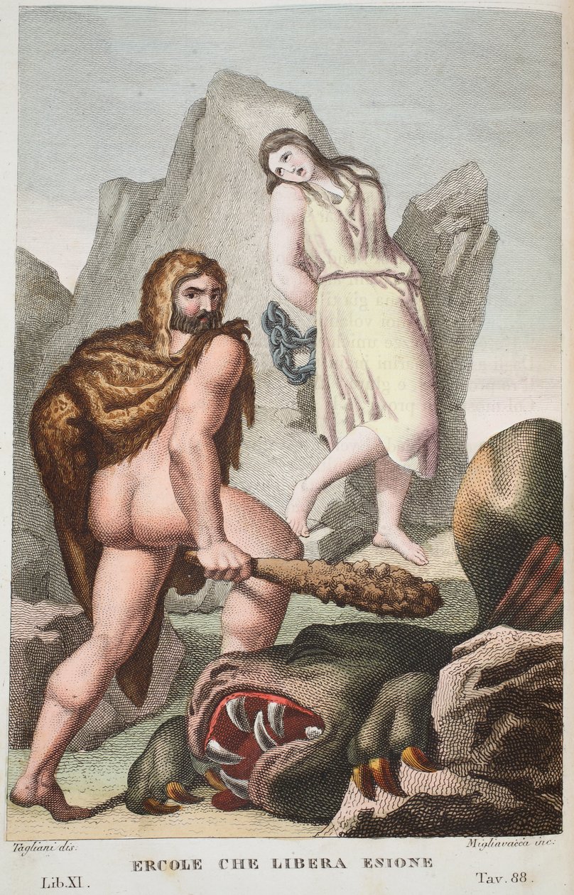 हरक्यूलिस Hesione या Ercole che Libera Enione, Book XI, Ovid के Metamorphoses, फ्लोरेंस, 1832 (हाथ से उकेरने वाले उत्कीर्णन) से चित्रण बचाता है द्वारा लुइगी एडेमोलो