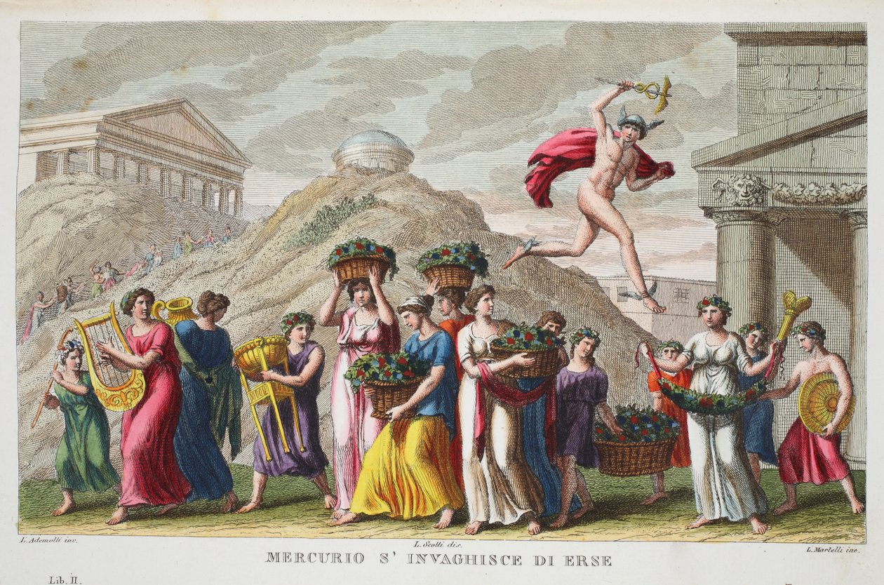 मरकरी को हर्स या मर्क्यूरियन s&39;vvaghisce di Erse से प्यार हो जाता है, Ovid&39;s Metamorphoses, फ्लोरेंस, 1832 का चित्रण (हाथ से रंग उकेरना) द्वारा लुइगी एडेमोलो