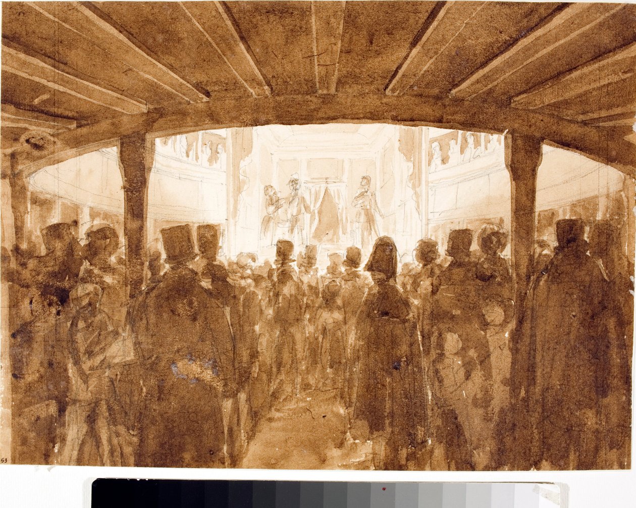 एक थिएटर के फर्श का एक शाम प्रतिनिधित्व का दृश्य (शायद जेनोआ में थिएटर संत'ऑगोस्टिनो) (वाटरकलर, लगभग १८१४) द्वारा लुइगी गैरीबो