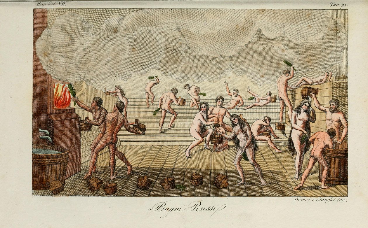 रूसी स्नान। जूलियो फेरारियो, 1831 द्वारा प्राचीन और आधुनिक पोशाक या सरकार के इतिहास से चित्रण द्वारा लुइगी गिअरे