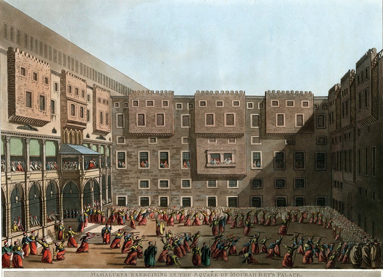 "" मुराद बे के महल के चौक में व्यायाम करते मामलुक) लुइगी मेयर (1755-1803) द्वारा लिथोग्राफ - 1802 आकार 22.9x31.6 सेमी निजी संग्रह द्वारा लुइगी मेयर