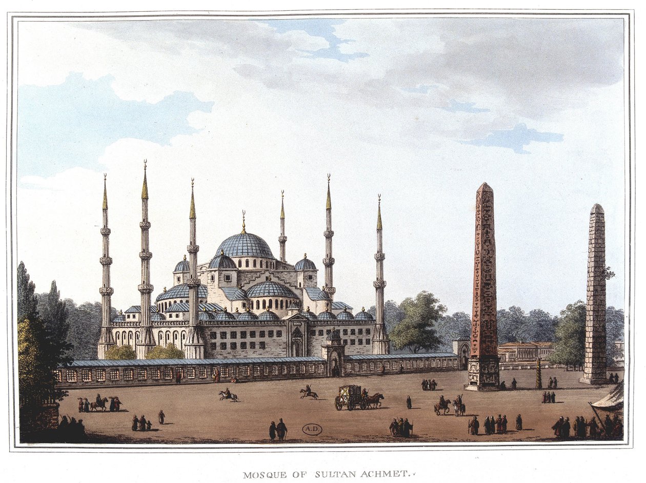 सुल्तान अहमद की मस्जिद (1609-1616), इस्तांबुल। लुइगी मेयर, लंदन द्वारा लिए गए मूल चित्रों से "" ओटोमन डोमिनियन में, यूरोप में, एशिया में और कुछ भूमध्यसागरीय द्वीपों में दृश्य"" में द्वारा लुइगी मेयर