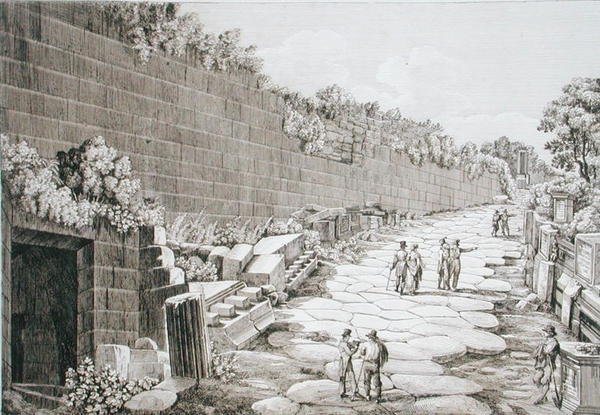 टस्कुलो के लिए रोमन सड़क, 1825 में 'ले एंटिचिटा देई कॉन्टोर्नी डि रोमा' से पहली खुदाई के बाद, 1824-26 में प्रकाशित हुई (नक़्क़ाशी) द्वारा लुइगी रॉसिनी
