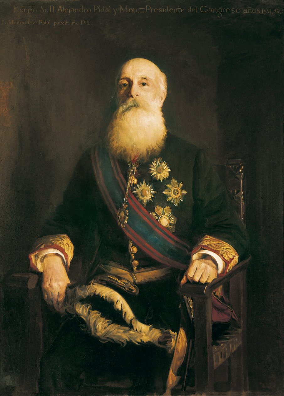 एलेजांद्रो पिडाल वाई मोन (1846-1913) का पोर्ट्रेट कैथोलिक संघ समूह के स्पेनिश राजनेता सदस्य। लुइस मेनेंडेज़ पिडल द्वारा पेंटिंग (1861-1932) द्वारा लुइस मेनेंडेज़ पिल्ड
